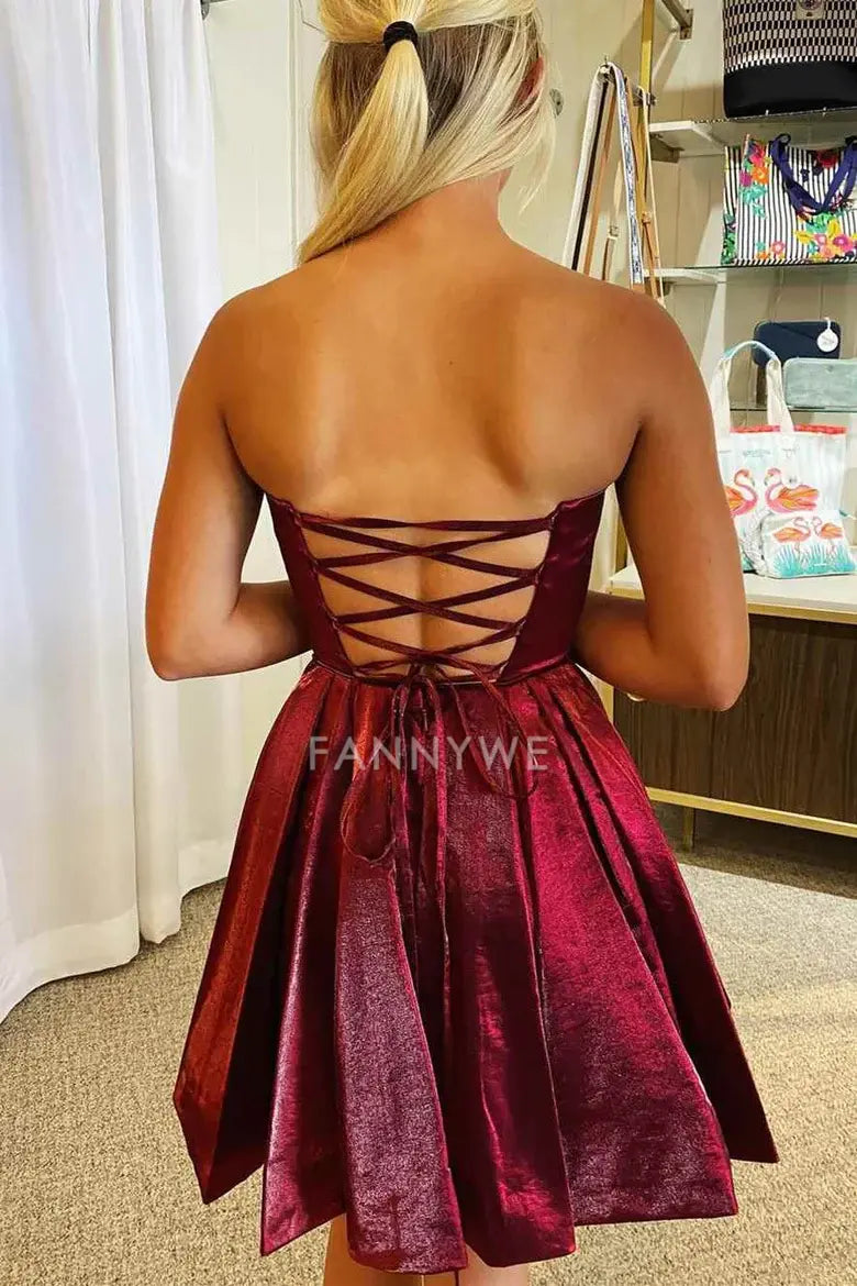 FannyWe Simple A-line Burgundy Strapless Short Homecoming Dress formal wear dresses